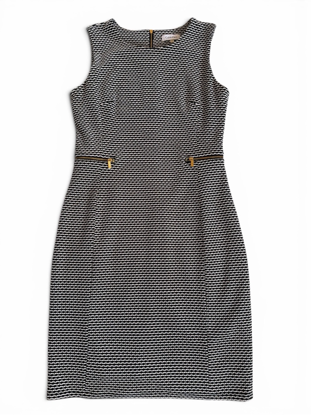 Calvin Klein black and white textured sheath with dress zipper accents